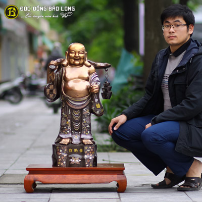  Tượng Đồng Phật Di Lặc Đứng Gánh Tiền Khảm Tam Khí cao 8 tấc ( 76 cm ) ở Sài Gòn TPHCM