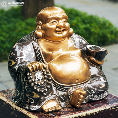  Tượng Đồng Phật Di Lặc Ngồi Cầm Thỏi Vàng Khảm Tam Khí cao 3 tấc ( 33 cm ) ở Sài Gòn TPHCM