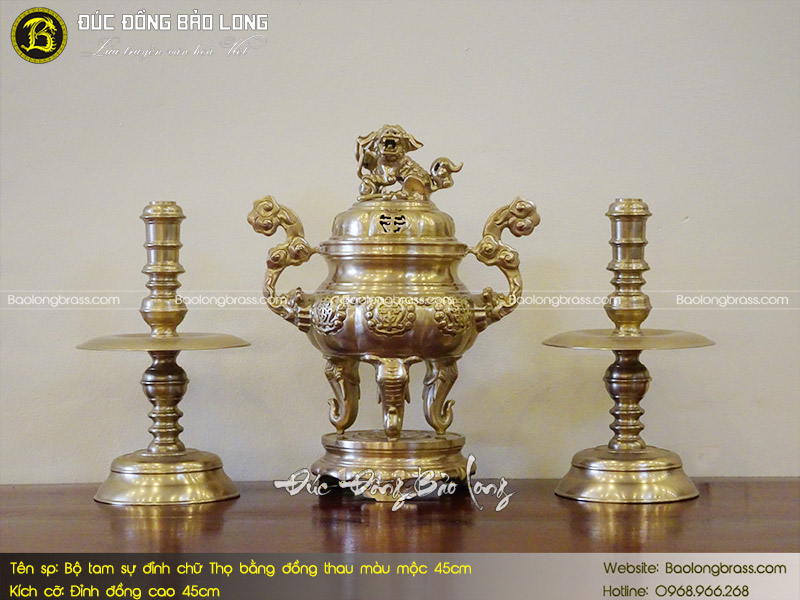 Bộ Tam Sự Đỉnh Chữ Thọ Bằng Đồng Thau Màu Mộc 45cm ở Sài Gòn TPHCM