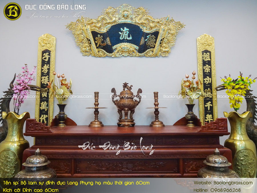 Bộ Tam Sự Đỉnh Đục Long Phụng Bằng Đồng Đỏ Hạ Màu Thời Gian 60cm ở Sài Gòn TPHCM