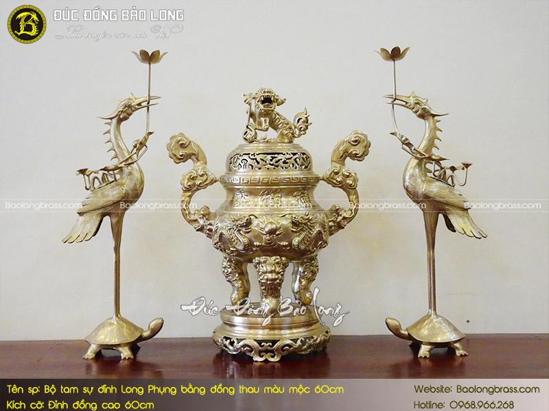 Bộ Tam Sự Đỉnh Long Phụng Bằng Đồng Thau Màu Mộc 60cm ở Sài Gòn TPHCM