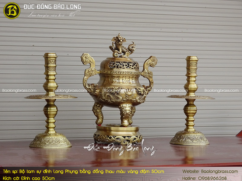 Bộ Tam Sự Đỉnh Long Phụng Bằng Đồng Thau Màu Vàng Đậm 50cm ở Sài Gòn TPHCM