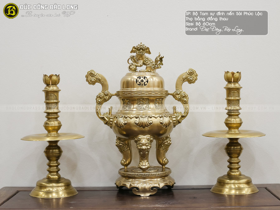 Bộ tam Sự Nến Đỉnh Hoa Sòi Bằng Đồng Thau Màu Vàng Mộc Bộ 60cm ở Sài Gòn TPHCM