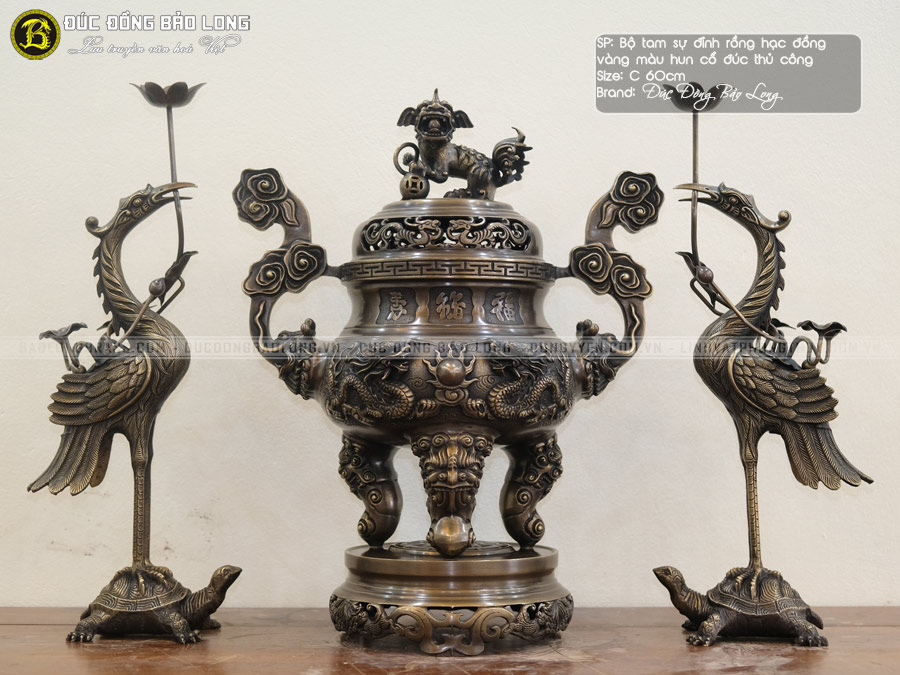 Bộ Tam Sự Đỉnh Long Phụng Bằng Đồng Thau Hạ Màu Thời Gian Bộ 60cm ở Sài Gòn TPHCM
