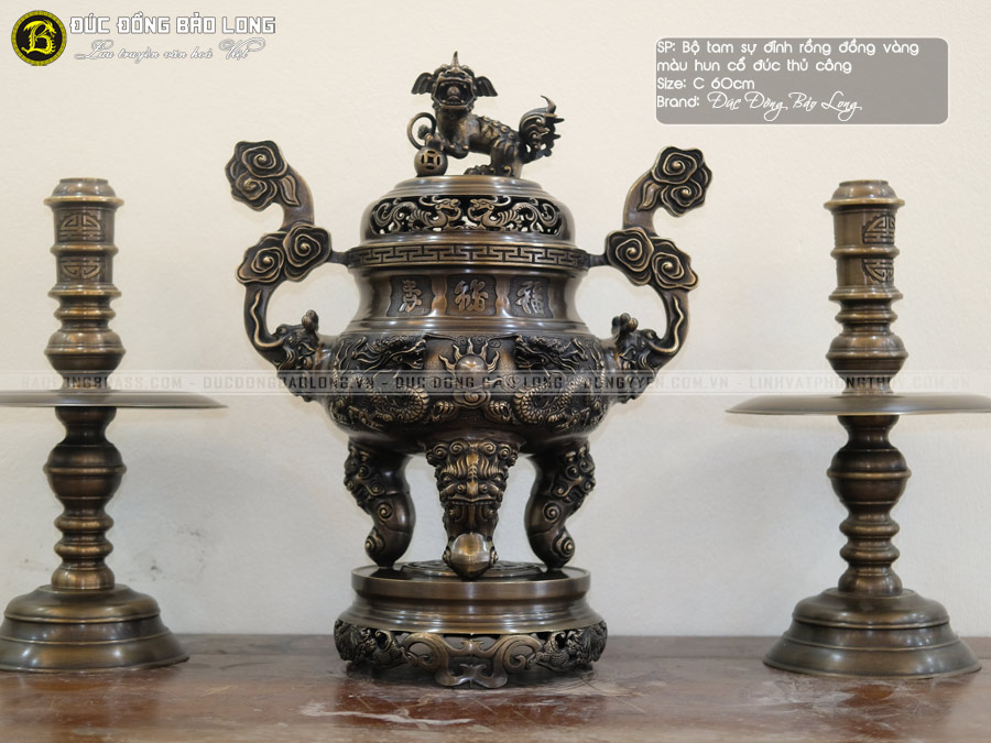 Bộ Tam Sự Nến Đỉnh Đúc Nổi Long Phụng Bằng Đồng Thau Hạ Màu Thời Gian Bộ 60cm ở Sài Gòn TPHCM