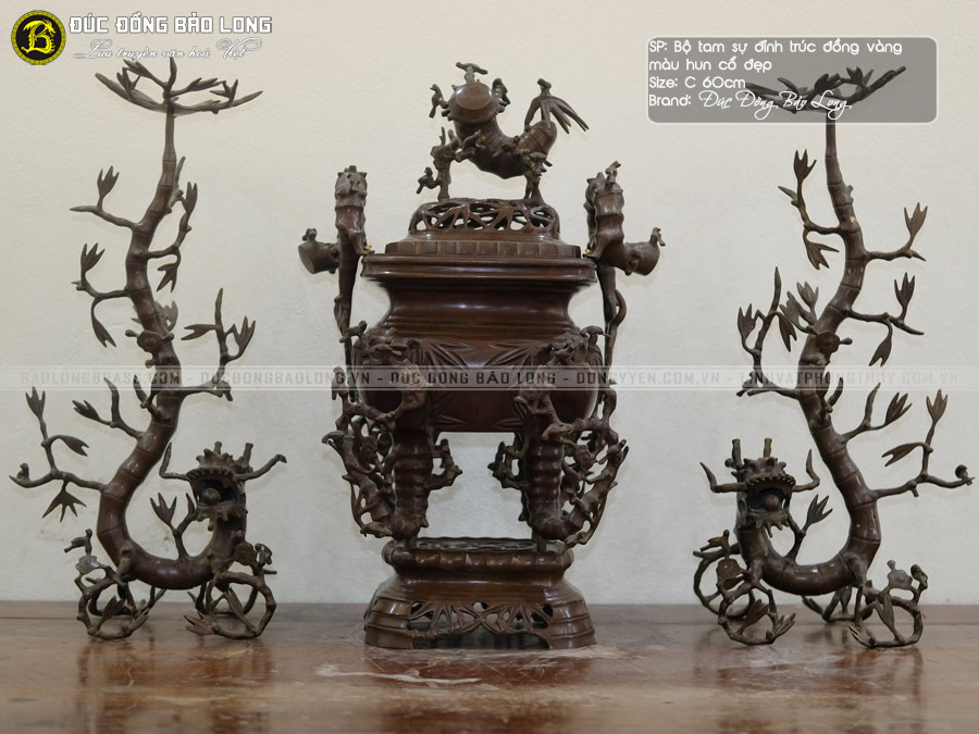 Bộ Tam Sự Đỉnh Trúc Cổ Bằng Đồng Thau Hạ Màu Thời Gian Bộ 60cm ở Sài Gòn TPHCM