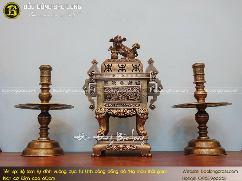 Bộ Tam Sự Đỉnh Vuông Đục Tứ Linh Bằng Đồng Đỏ Hạ Màu Thời Gian 60cm ở Sài Gòn TPHCM