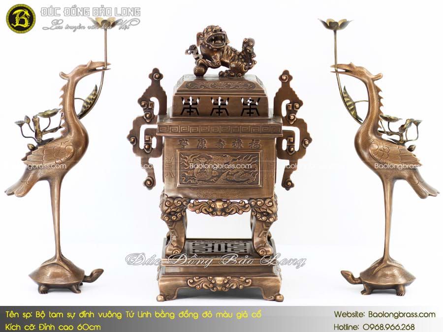 Bộ Tam Sự Hạc Đỉnh Vuông Tứ Linh Bằng Đồng Đỏ Màu Giả Cổ 60cm ở Sài Gòn TPHCM