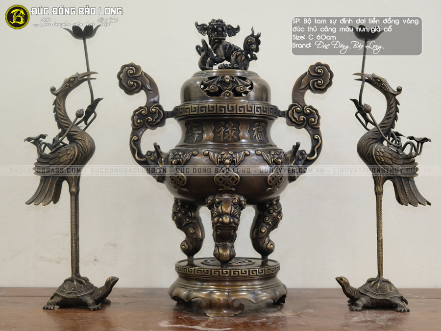 Bộ Tam Sự Hạc Đỉnh Dơi Tiền Bằng Đồng Thau Hạ Màu Thời Gian Bộ 60cm ở Sài Gòn TPHCM