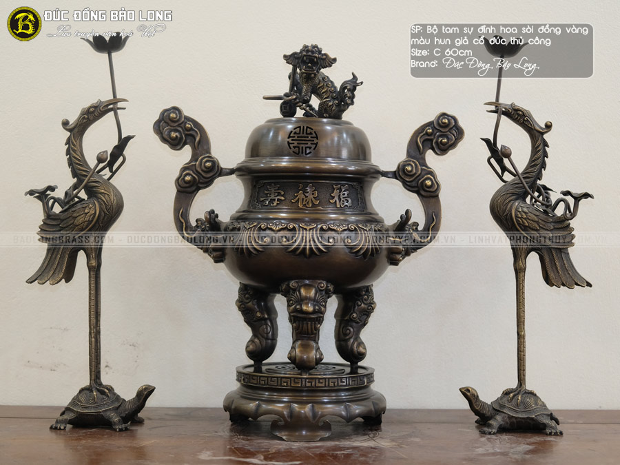 Bộ Tam Sự Hạc Đỉnh Hoa Sòi Bằng Đồng Thau Hạ Màu Thời Gian Bộ 60cm ở Sài Gòn TPHCM