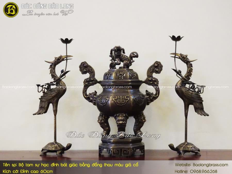 Bộ Tam Sự Hạc Đỉnh Bát Giác Bằng Đồng Thau Màu Giả Cổ 60cm ở Sài Gòn TPHCM