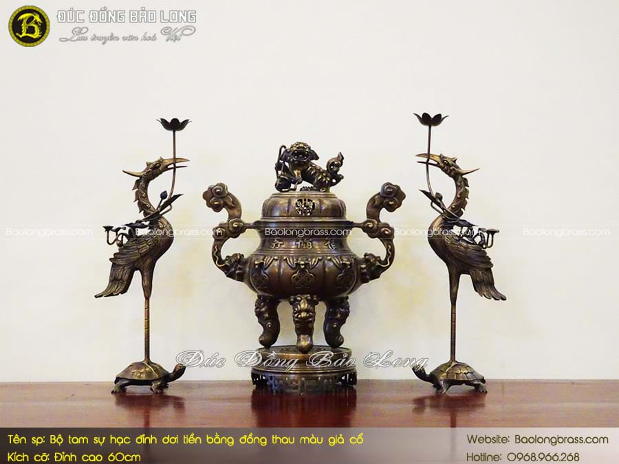 Bộ Tam Sự Hạc Đỉnh Dơi Tiền Bằng Đồng Thau Màu Giả Cổ 60cm ở Sài Gòn TPHCM