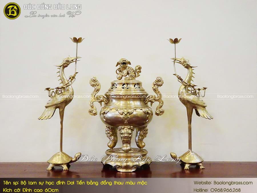 Bộ Tam Sự Hạc Đỉnh Dơi Tiền Bằng Đồng Thau Màu Mộc 60cm ở Sài Gòn TPHCM