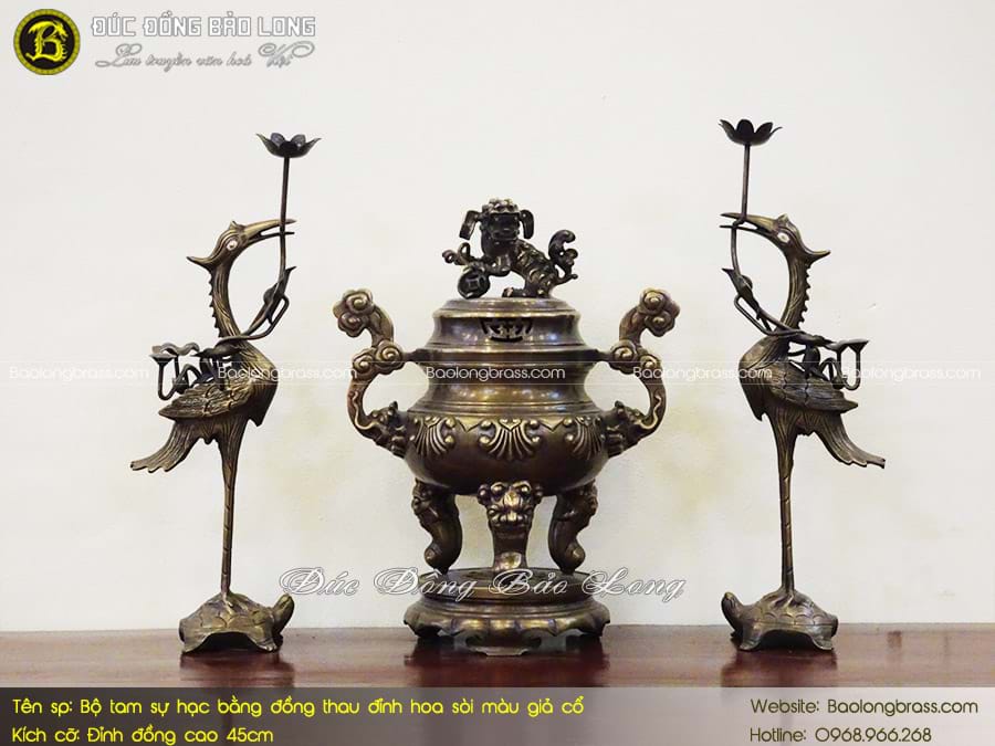 Bộ Tam Sự Hạc Đỉnh Hoa Sòi Bằng Đồng Thau Màu Giả Cổ 45cm ở Sài Gòn TPHCM
