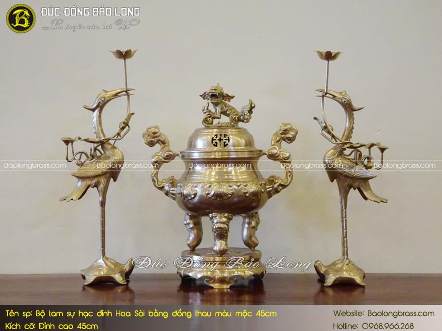 Bộ Tam Sự Hạc Đỉnh Hoa Sòi Bằng Đồng Thau Màu Mộc 45cm ở Sài Gòn TPHCM