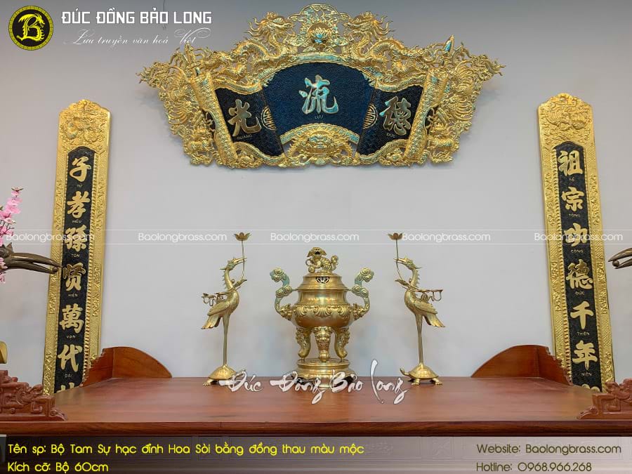 Bộ Tam Sự Hạc Đỉnh Hoa Sòi Bằng Đồng Thau Màu Mộc 60cm ở Sài Gòn TPHCM