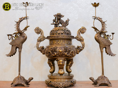 Bộ Tam Sự Hạc Đỉnh Rồng Đúc Nổi 3D Bằng Đồng Vàng Cao 50cm Giả Cổ ở Sài Gòn TPHCM