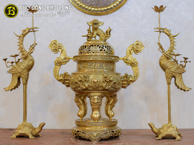 Bộ Tam Sự Hạc Đỉnh Rồng Đúc Nổi 3D Bằng Đồng Vàng Cao 60cm Màu Mộc ở Sài Gòn TPHCM