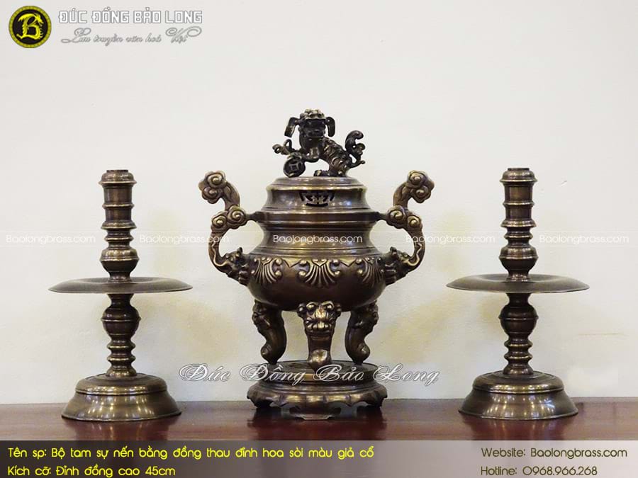 Bộ Tam Sự Nến Đỉnh Hoa Sòi Bằng Đồng Thau Màu Giả Cổ 45cm ở Sài Gòn TPHCM