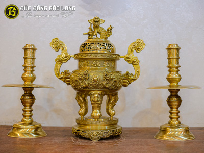 Bộ Tam Sự Nến Đỉnh Rồng Đúc Nổi 3D Bằng Đồng Vàng Cao 60cm Màu Mộc ở Sài Gòn TPHCM