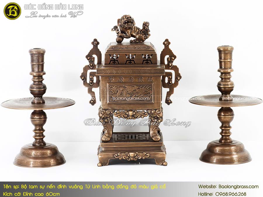 Bộ Tam Sự Nến Đỉnh Tứ Linh Bằng Đồng Đỏ Màu Giả Cổ 60cm ở Sài Gòn TPHCM