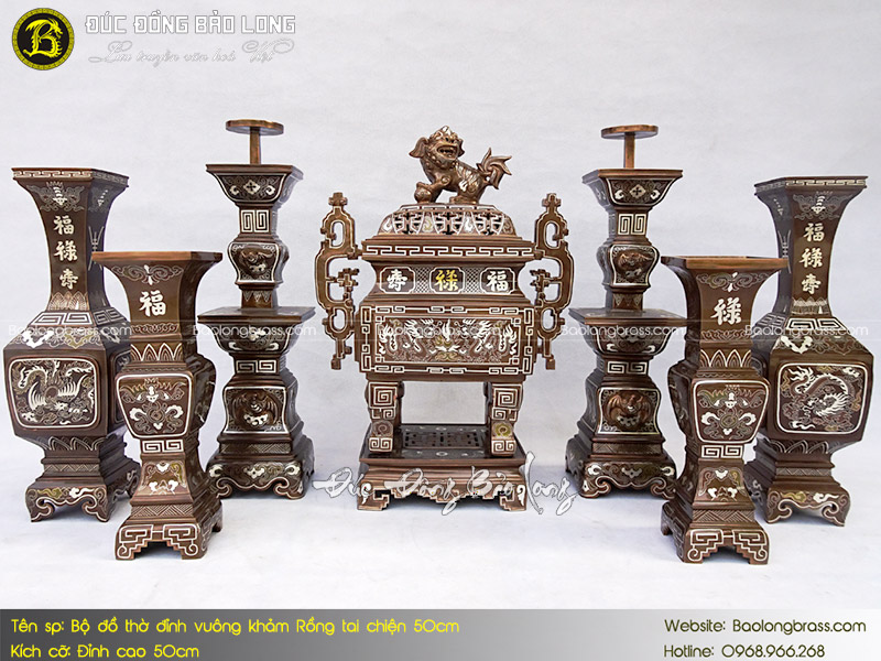 Bộ Đồ Thờ Đỉnh Vuông Khảm Rồng Tai Chiện 50cm ở Sài Gòn TPHCM