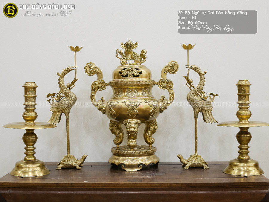 Bộ Ngũ Sự Đỉnh Dơi Tiền Phúc Lộc Thọ Bằng Đồng Thau Màu Vàng Mộc Bộ 60cm ở Sài Gòn TPHCM