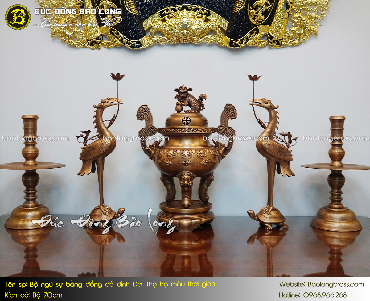 Bộ Ngũ Sự Bằng Đồng Đỏ Đỉnh Dơi Thọ Hạ Màu Thời Gian Cao 70cm ở Sài Gòn TPHCM