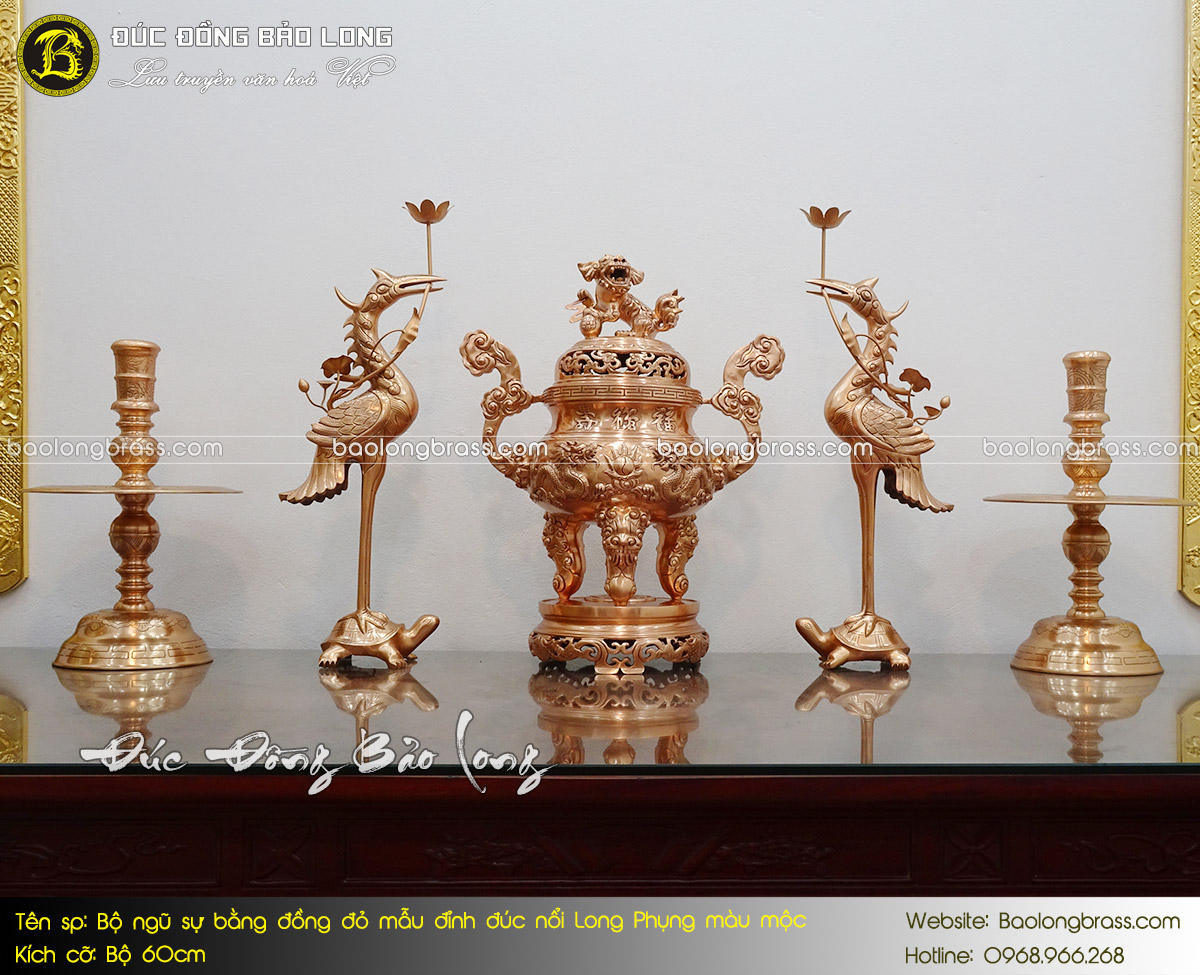 Bộ Ngũ Sự Bằng Đồng Đỏ Mẫu Đỉnh Đúc Nổi Long Phụng Màu Mộc Bộ 60cm ở Sài Gòn TPHCM