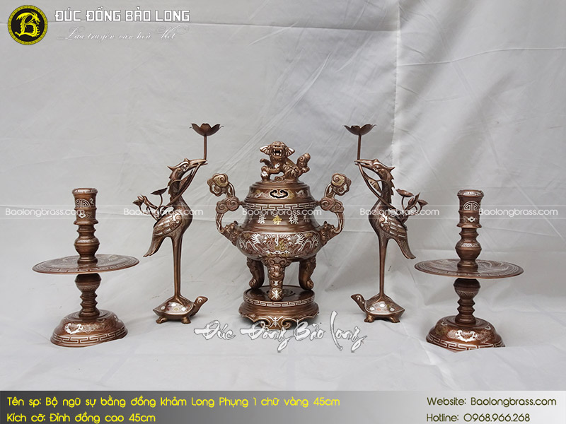 Bộ Ngũ Sự Bằng Đồng Khảm Long Phụng 1 Chữ Vàng 45cm ở Sài Gòn TPHCM