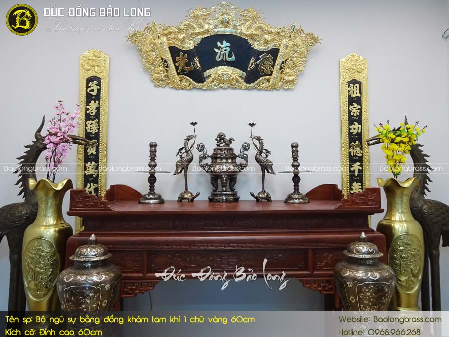 Bộ Ngũ Sự Bằng Đồng Khảm Long Phụng 1 Chữ Vàng 60cm ở Sài Gòn TPHCM