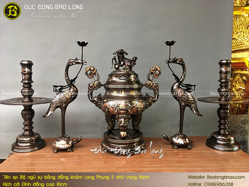 Bộ Ngũ Sự Bằng Đồng Khảm Long Phụng 5 Chữ Vàng 81cm ở Sài Gòn TPHCM