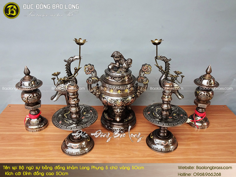 Bộ Ngũ Sự Bằng Đồng Khảm Long Phụng 5 CV 50cm ở Sài Gòn TPHCM