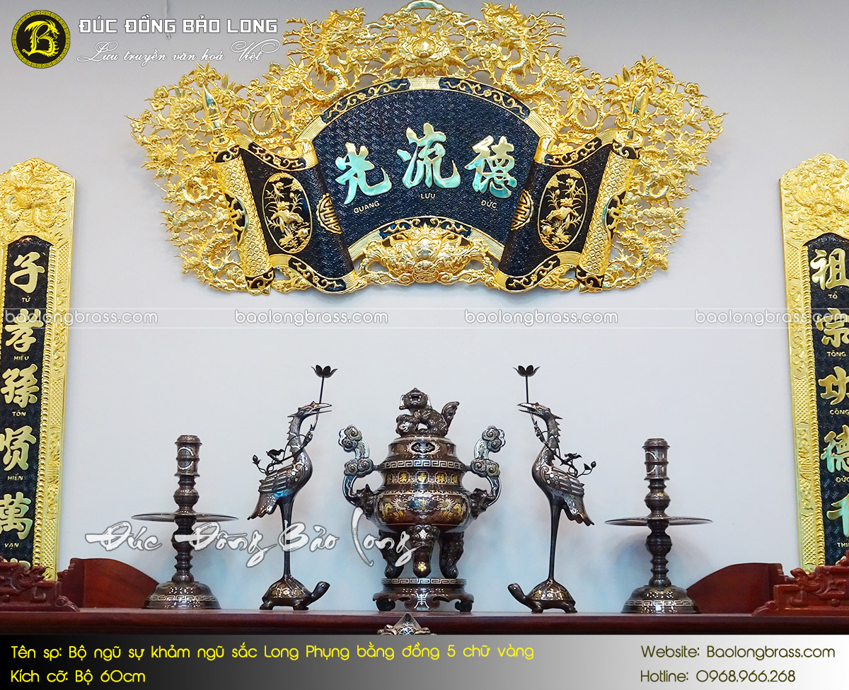 Bộ Ngũ Sự Bằng Đồng Khảm Ngũ Sắc Long Phụng 5 Chữ Vàng 60cm ở Sài Gòn TPHCM