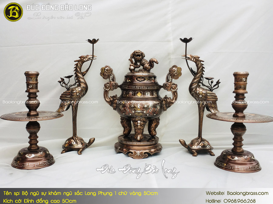 Bộ Ngũ Sự Bằng Đồng Khảm Ngũ Sắc Long Phụng 1 Chữ Vàng 50cm ở Sài Gòn TPHCM