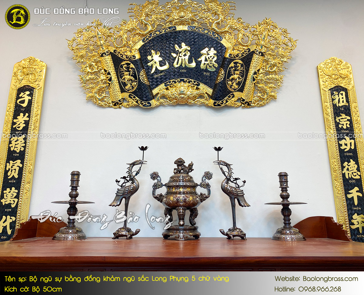 Bộ Ngũ Sự Bằng Đồng Khảm Ngũ Sắc Long Phụng 5 Chữ Vàng 50cm ở Sài Gòn TPHCM