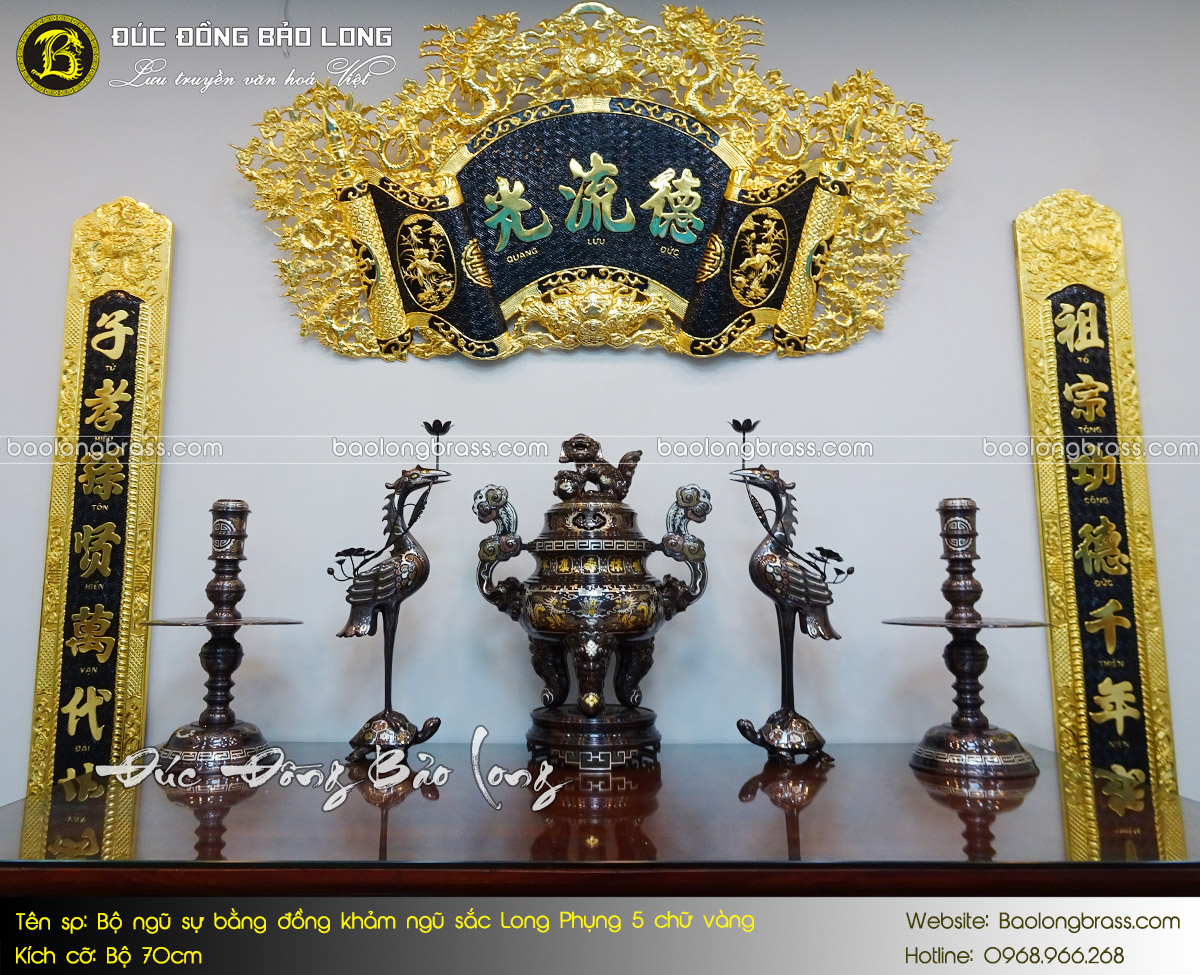 Bộ Ngũ Sự Bằng Đồng Khảm Ngũ Sắc Long Phụng 5 Chữ Vàng 70cm ở Sài Gòn TPHCM