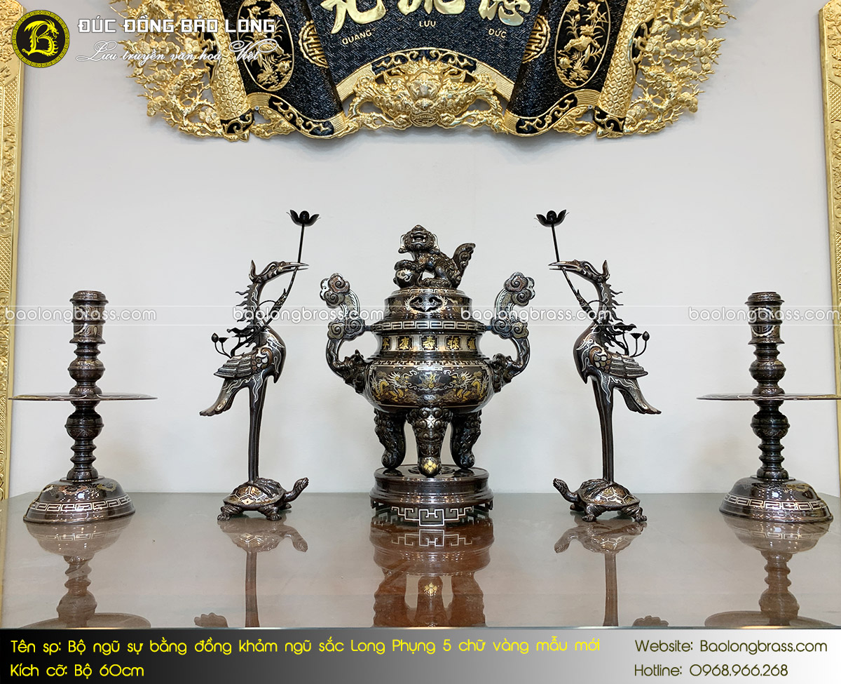 Bộ Ngũ Sự Bằng Đồng Khảm Ngũ Sắc Mẫu Khảm Mới Bộ 60cm ở Sài Gòn TPHCM