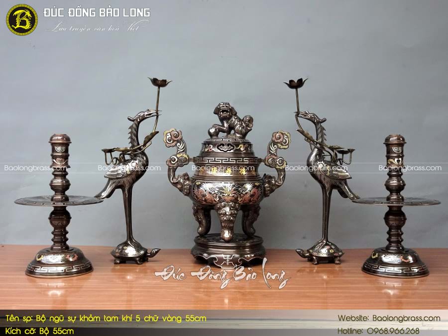 Bộ Ngũ Sự Bằng Đồng 60cm + Mâm Bồng 35cm Khảm Tam Khí Khách Hà Nội