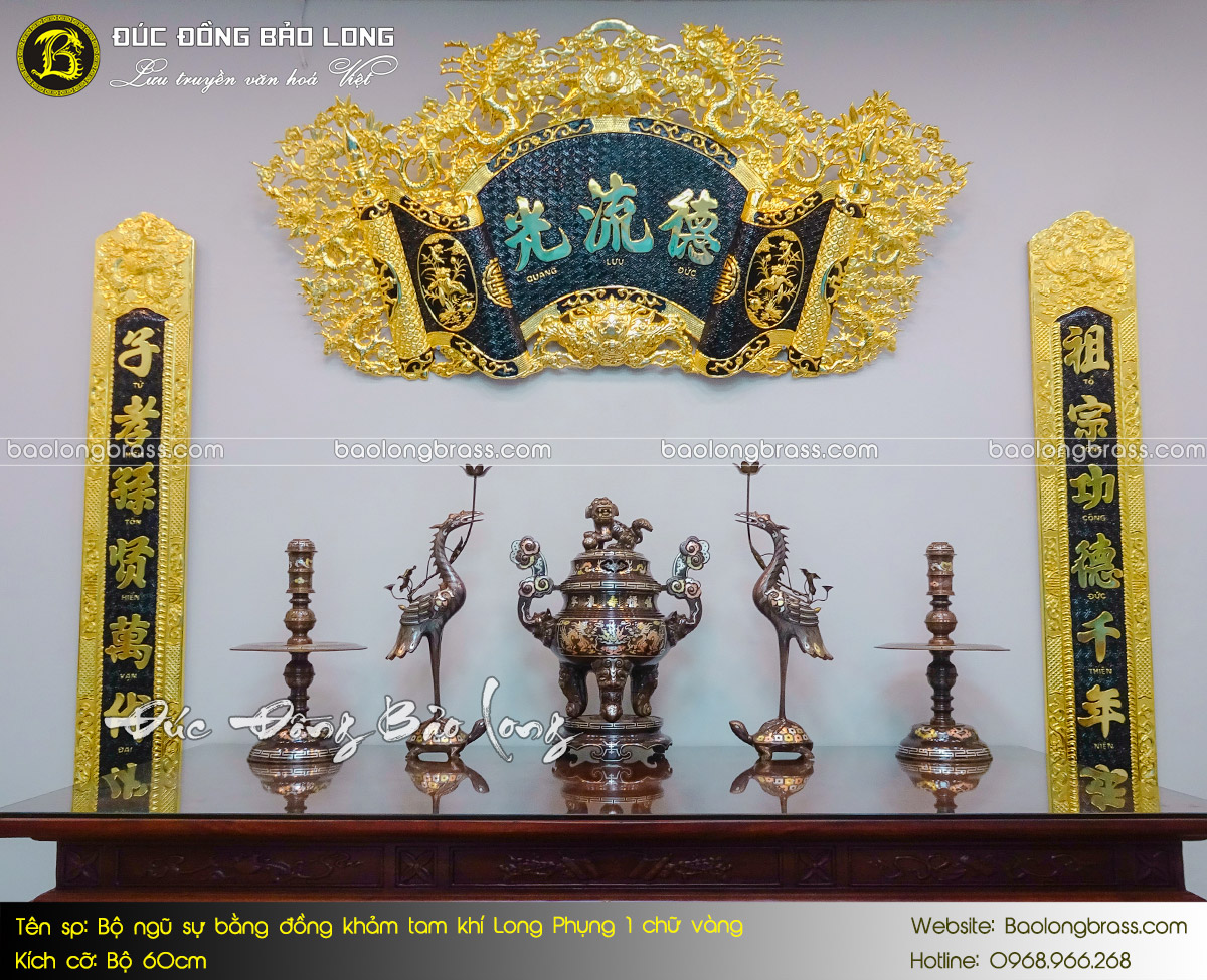 Bộ Ngũ Sự Bằng Đồng Khảm Tam Khí Long Phụng 1 Chữ Vàng 60cm ở Sài Gòn TPHCM