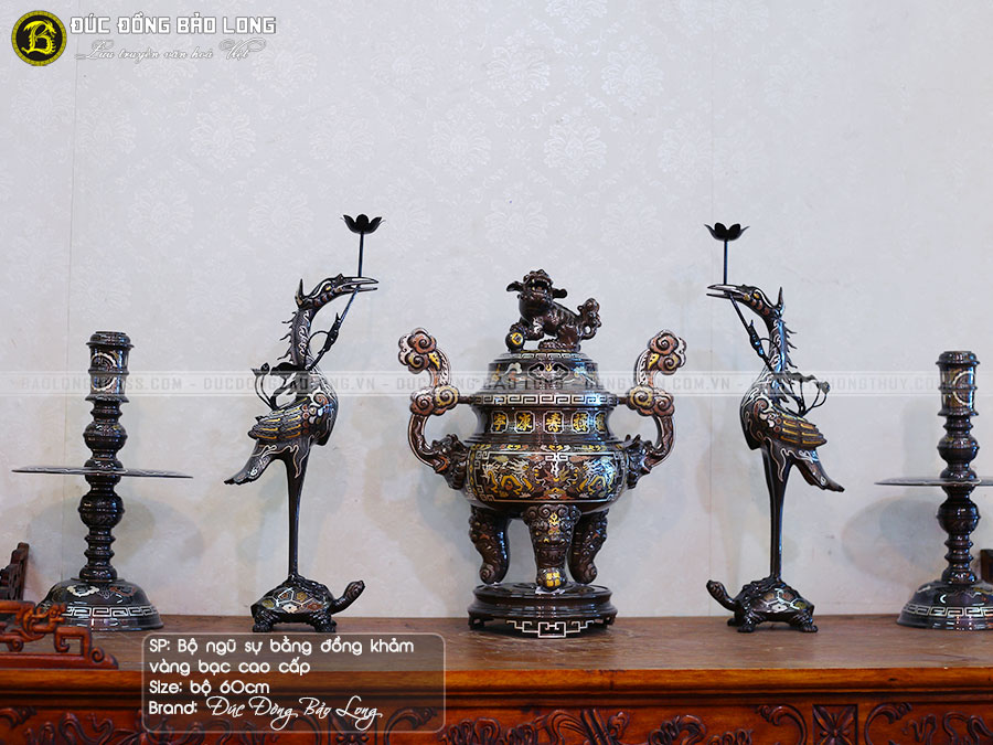 Bộ Ngũ Sự Bằng Đồng Khảm Ngũ Sắc Mẫu Khảm Nhiều Vàng Bộ 60cm ở Sài Gòn TPHCM