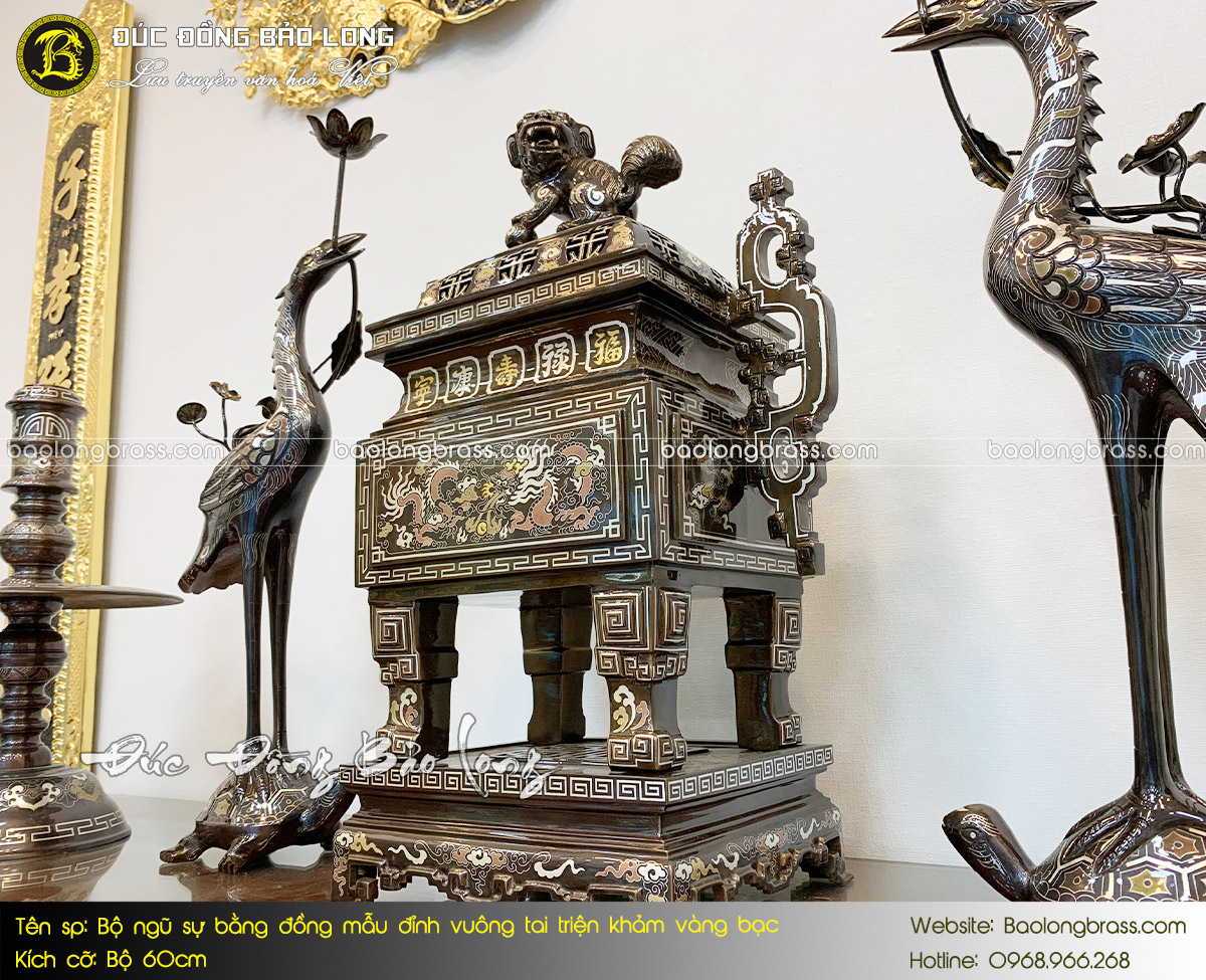 Bộ Ngũ Sự Bằng Đồng Mẫu Đỉnh Vuông Tại Triện Khảm Vàng Bạc Bộ 60cm ở Sài Gòn TPHCM