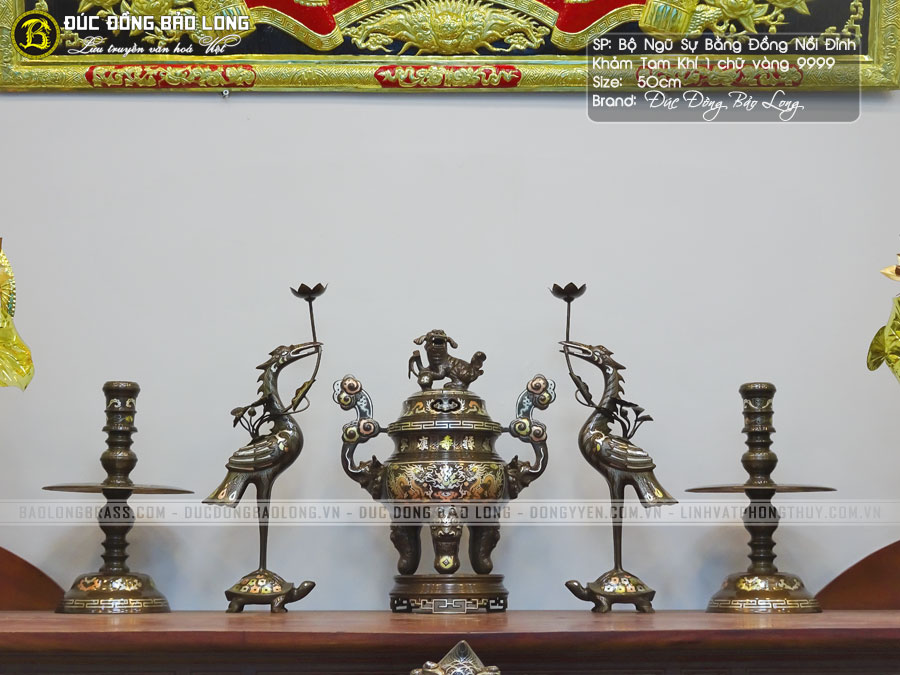 Bộ Ngũ Sự Bằng Đồng Khảm Tam Khí Long Phụng 50cm ở Sài Gòn TPHCM