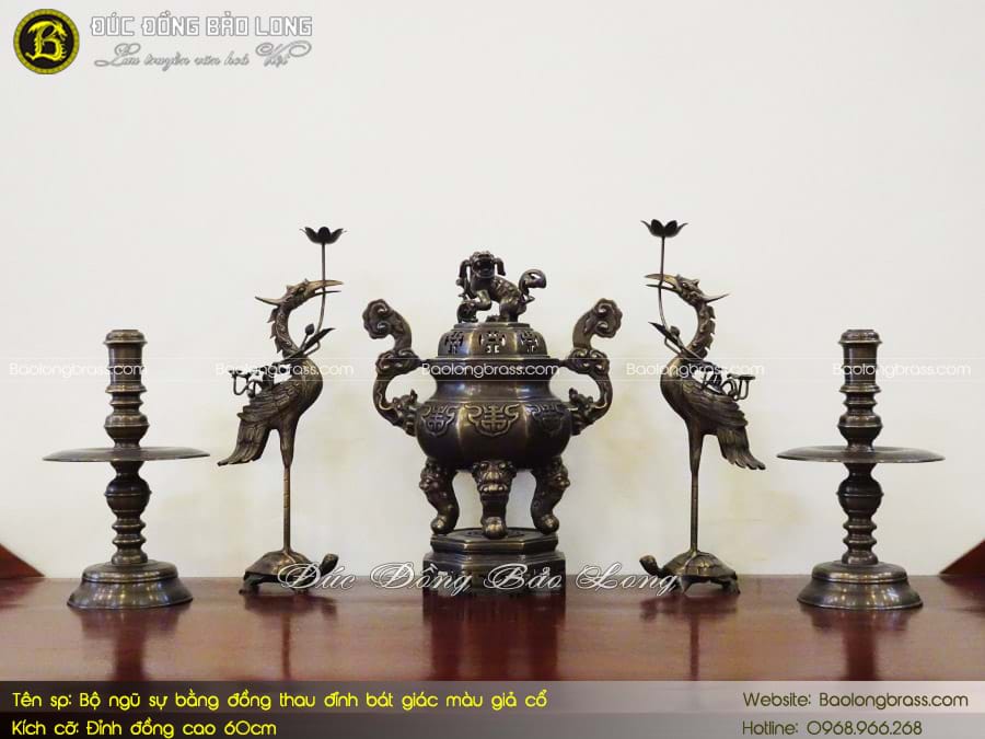 Bộ Ngũ Sự Bằng Đồng Thau Đỉnh Bát Giác Màu Giả Cổ 60cm ở Sài Gòn TPHCM