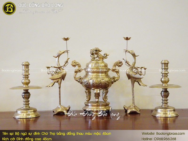 Bộ Ngũ Sự Bằng Đồng Vàng Đỉnh Chữ Thọ Màu Mộc 45cm ở Sài Gòn TPHCM