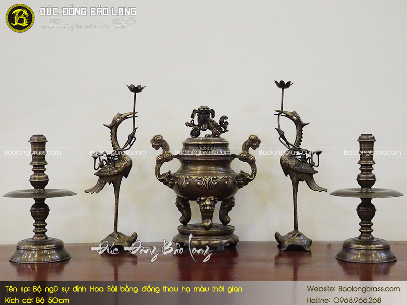 Bộ Ngũ Sự Bằng Đồng Thau Đỉnh Hoa Sòi Hạ Màu Thời Gian 50cm ở Sài Gòn TPHCM