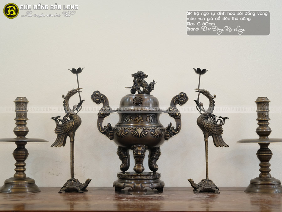 Bộ Ngũ Sự Bằng Đồng Đỉnh Hoa Sòi Hạ Màu Thời Gian Bộ 60cm ở Sài Gòn TPHCM