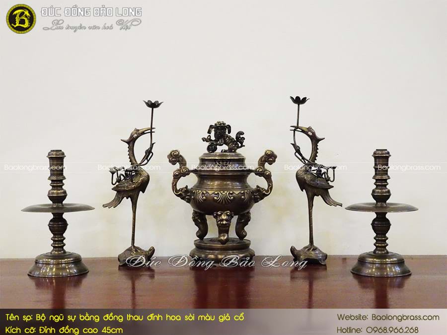 Bộ Ngũ Sự Đỉnh Hoa Sòi Bằng Đồng Thau Màu Giả Cổ 45cm ở Sài Gòn TPHCM