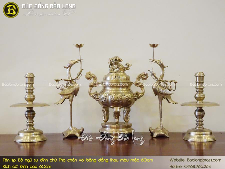 Bộ Ngũ Sự Đỉnh Chữ Thọ Chân Voi Bằng Đồng Vàng Màu Mộc 60cm ở Sài Gòn TPHCM
