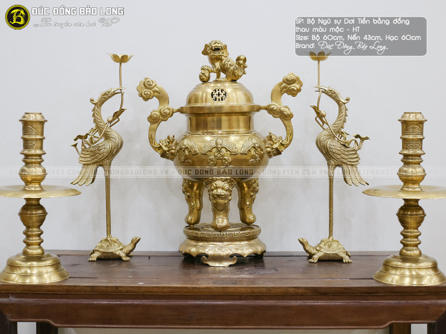 Bộ Ngũ Sự Đỉnh Dơi Tiền Cổ Trơn Bằng Đồng Thau Màu Vàng Mộc Bộ 60cm ở Sài Gòn TPHCM